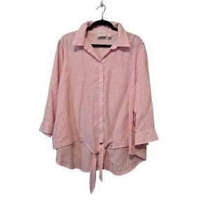 Chico's 100% Linen Striped Tie Front Top Shirt Women Chicos 3 LG Pink No Iron